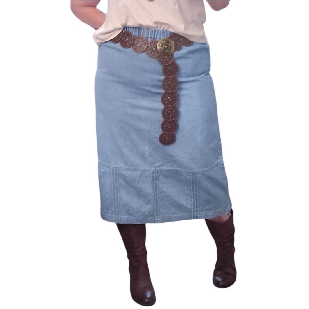 VTG‎ 90s Orvis Light Blue Denim Pull On Pleated Midi Jean Skirt SZ 12P Cowgirl